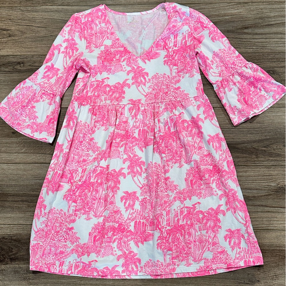 Lilly Pulitzer Jannie V-Neck Bell Sleeve Dress in Pink PB Anniversary Toile - Picture 5 of 12